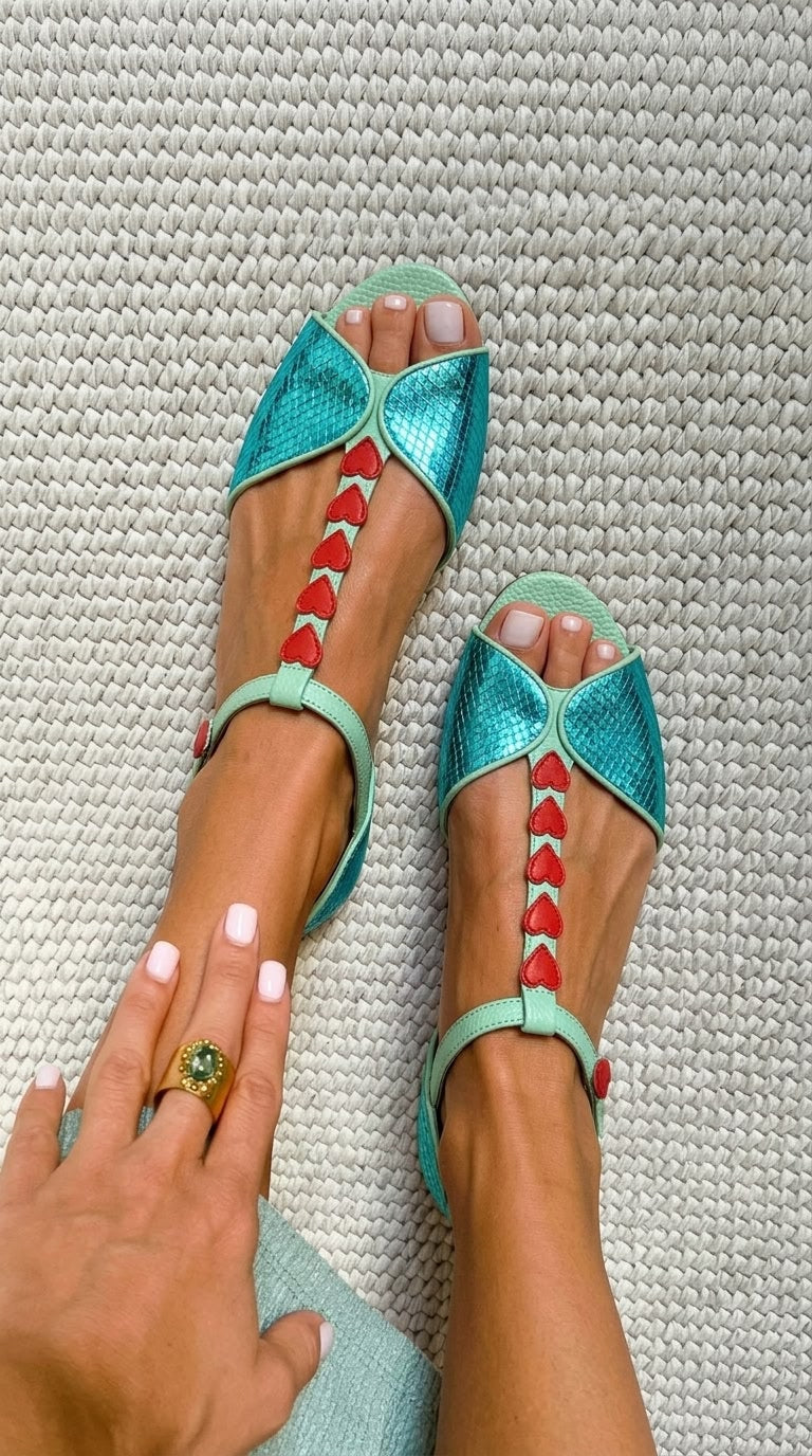 Sandalias peep toe bajas Petroleo y Rojo con correa en T y corazón