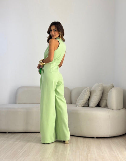 Conjunto sin mangas con atado al cuello y pantalón casual de pierna ancha