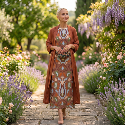 Aura | Vestido largo estampado con chaleco coordinado
