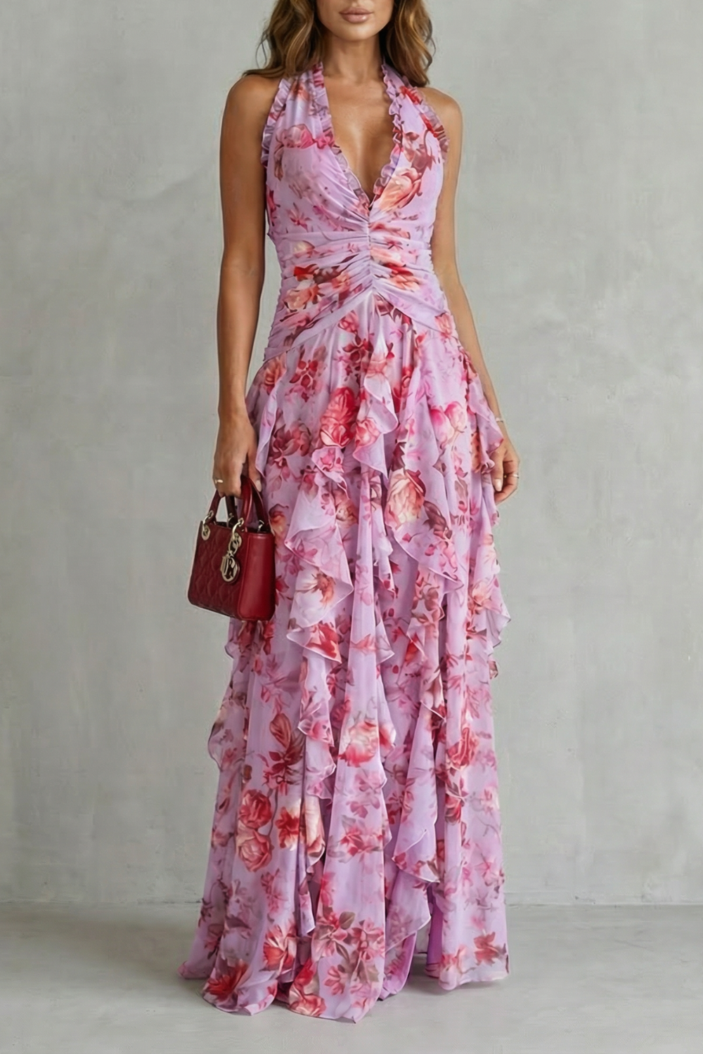 Belladina | Romántica Cascada de Rosas Vestido Largo con Escote Halter
