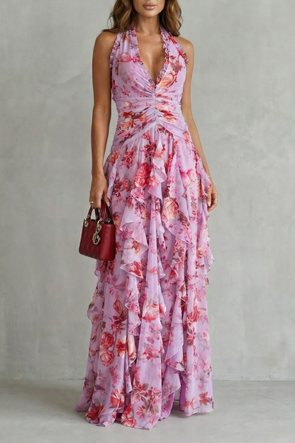 Belladina | Romántica Cascada de Rosas Vestido Largo con Escote Halter