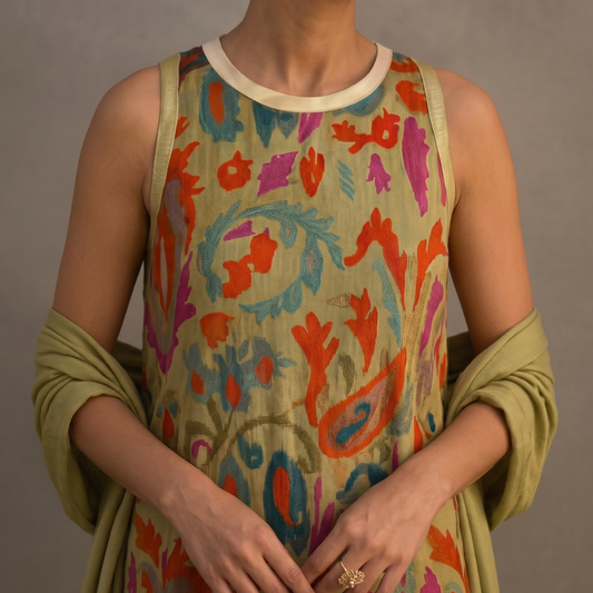 Aura | Vestido largo estampado con chaleco coordinado
