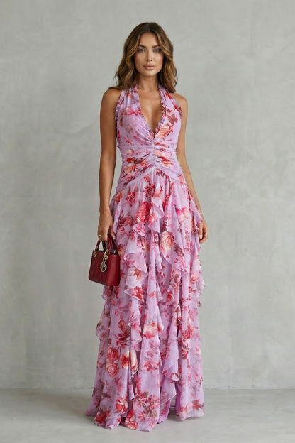 Belladina | Romántica Cascada de Rosas Vestido Largo con Escote Halter