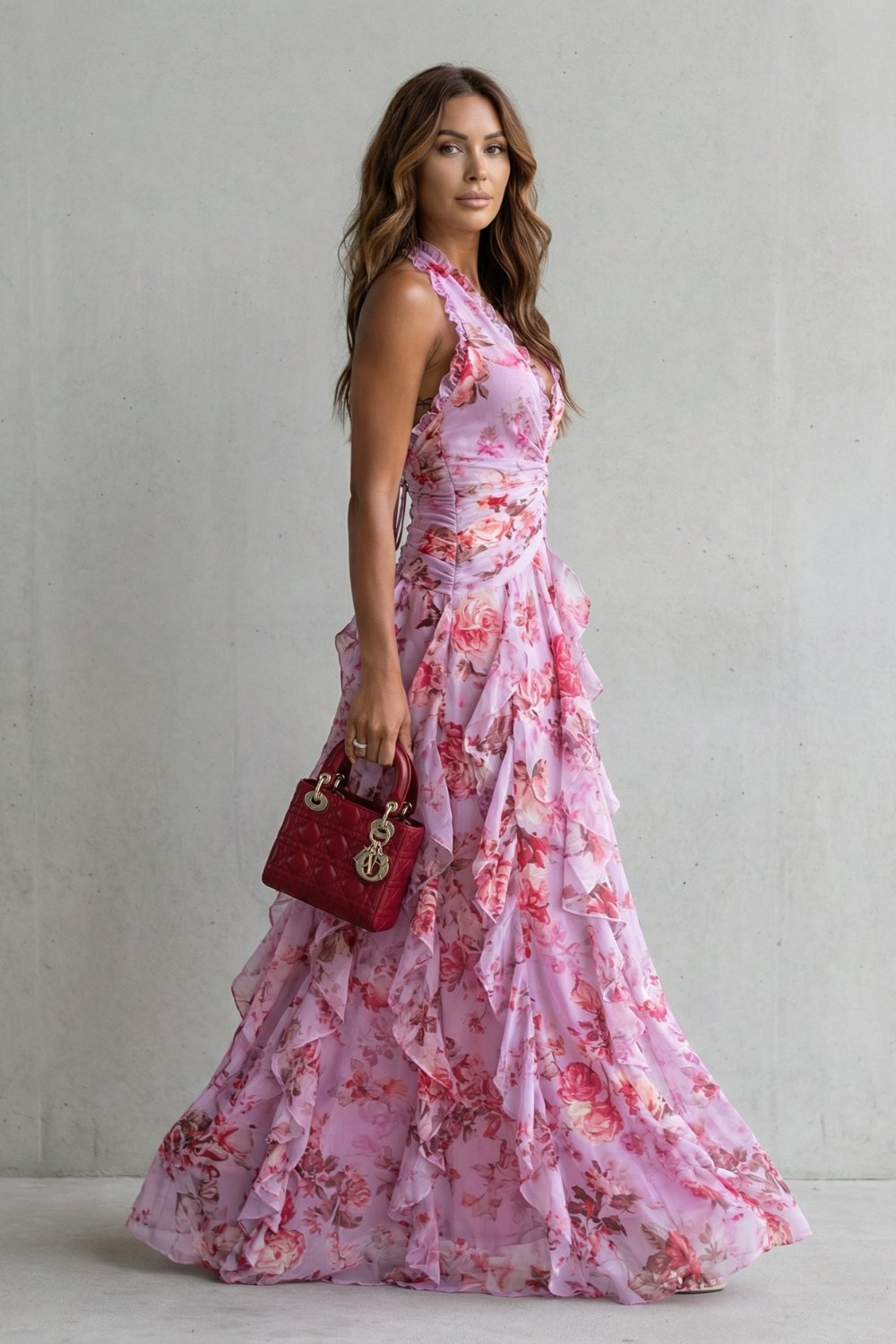 Belladina | Romántica Cascada de Rosas Vestido Largo con Escote Halter