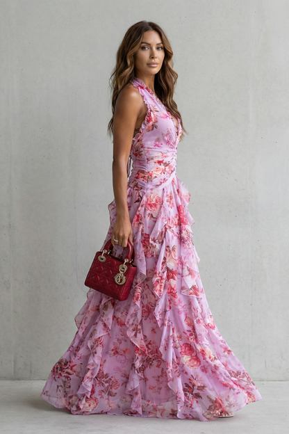 Belladina | Romántica Cascada de Rosas Vestido Largo con Escote Halter