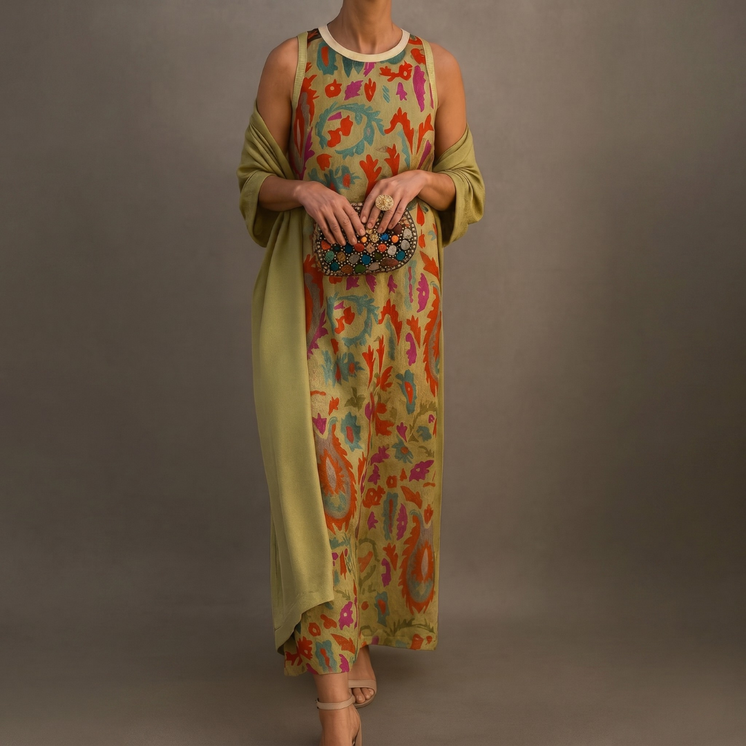Aura | Vestido largo estampado con chaleco coordinado