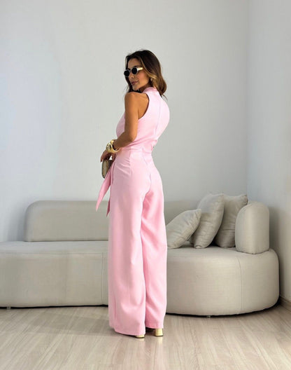 Conjunto sin mangas con atado al cuello y pantalón casual de pierna ancha