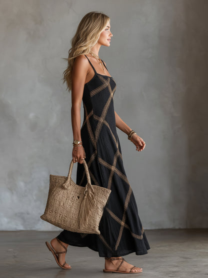 Vittoria – Vestido Maxi Geométrico Negro y Camel