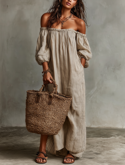 Carmen | Vestido Largo de Algodón y Lino con Diseño Off-the-Shoulder