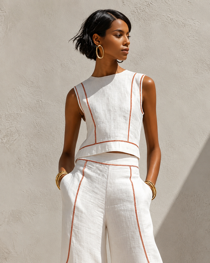VITTORIA | Conjunto blanco con top sin mangas y pantalón de pierna ancha