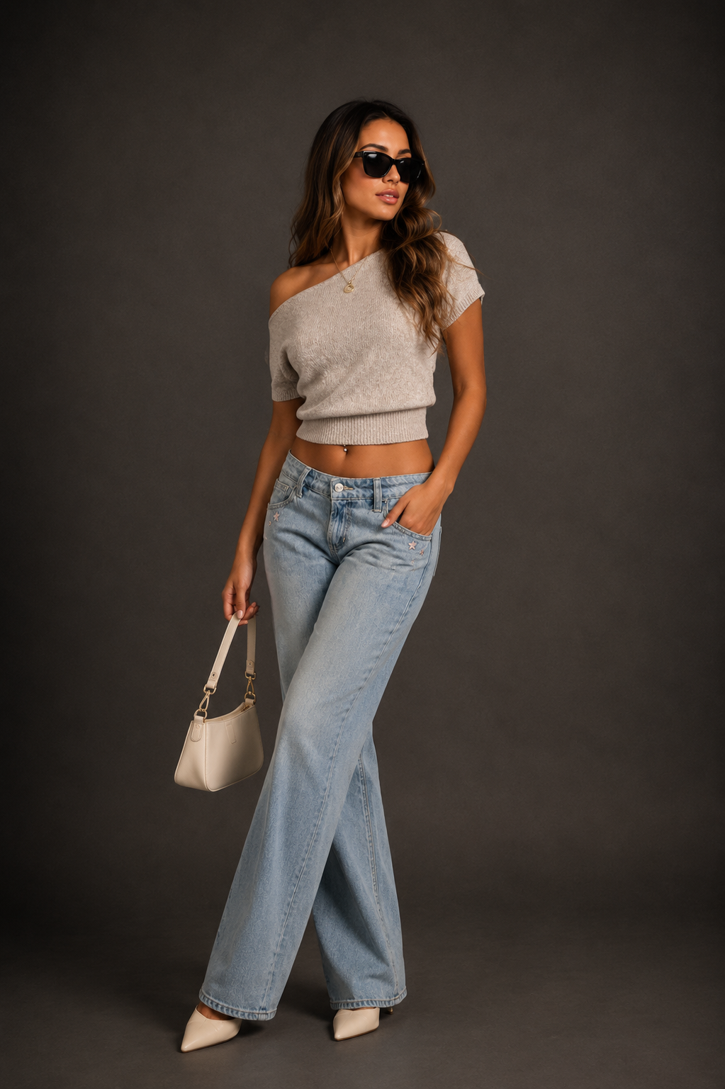 Blusa crop punto canalé escote barco beige