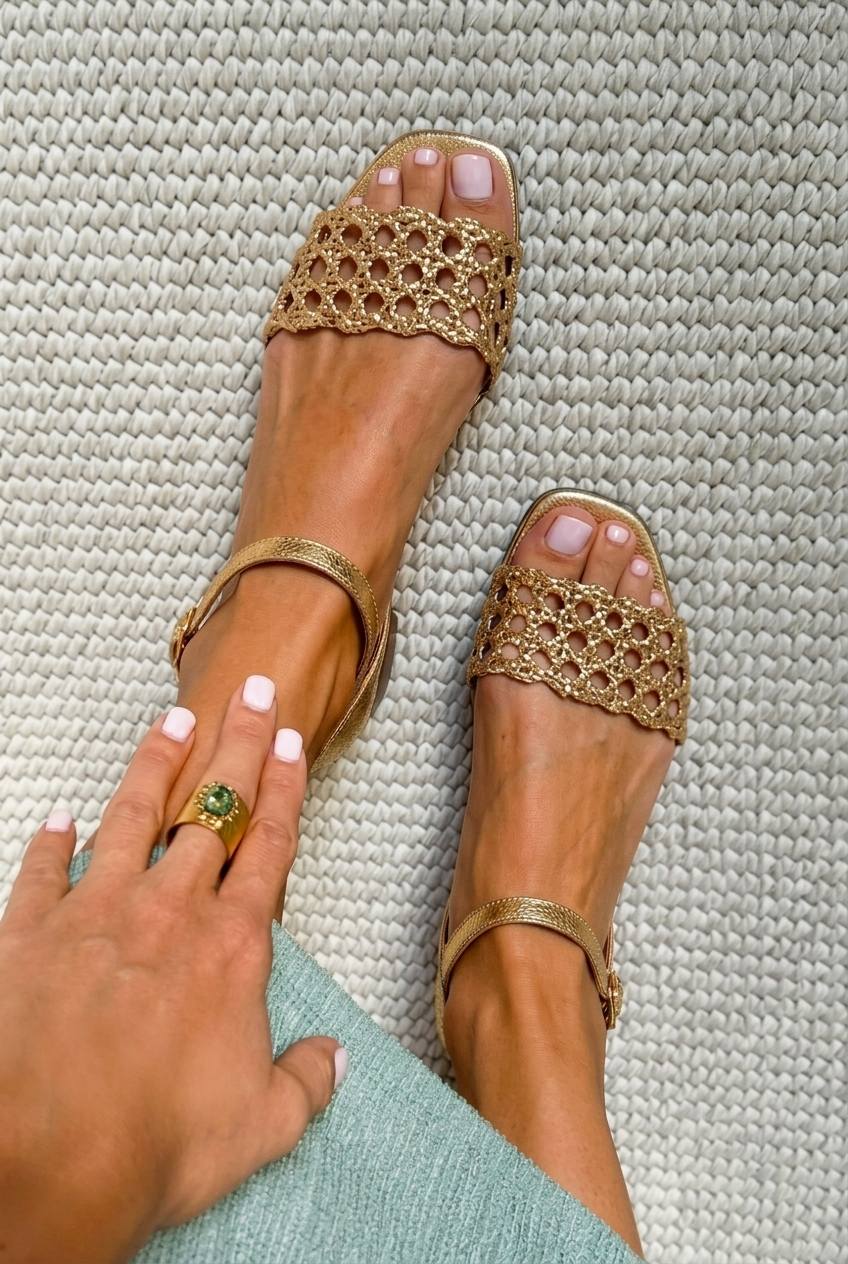 Sandalias trenzadas metalizadas chic bajas Dorado en punta cuadrada