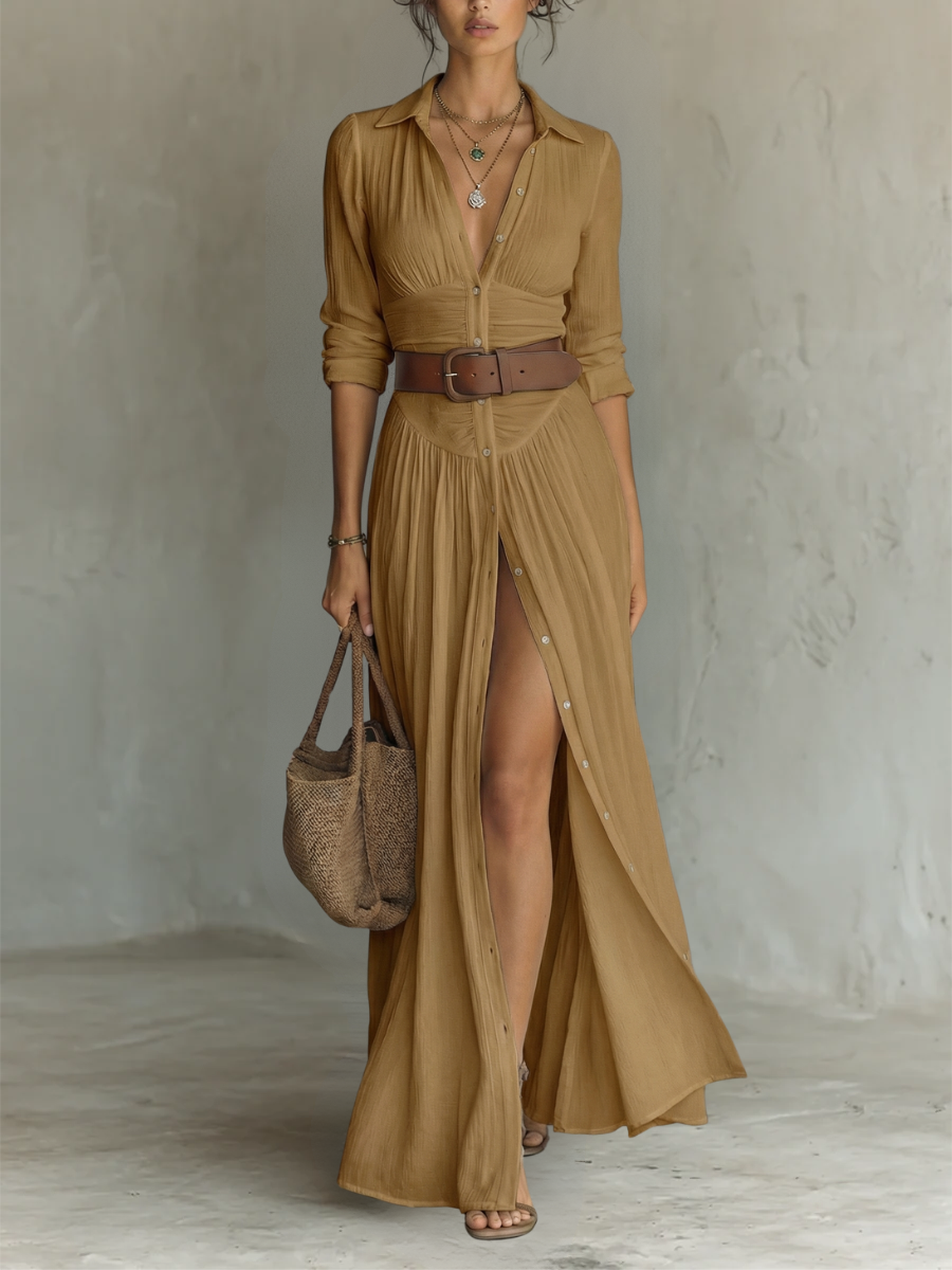 Vestido Maxi Largo con Cuello de Solapa y Mangas Largas en Lino para Mujer
