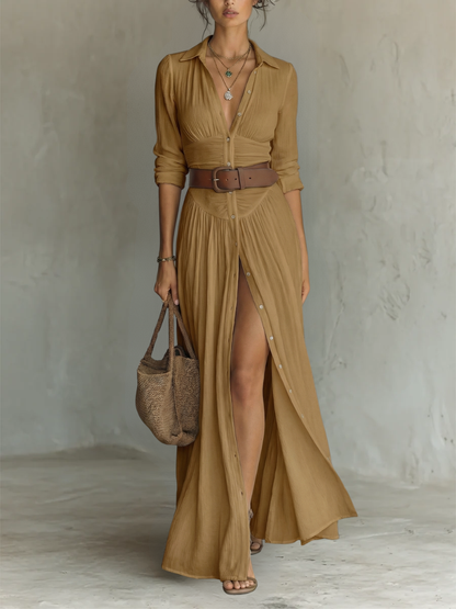 Vestido Maxi Largo con Cuello de Solapa y Mangas Largas en Lino para Mujer