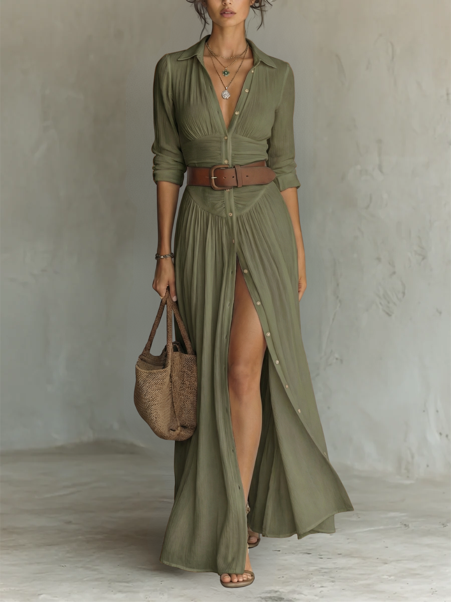 Vestido Maxi Largo con Cuello de Solapa y Mangas Largas en Lino para Mujer