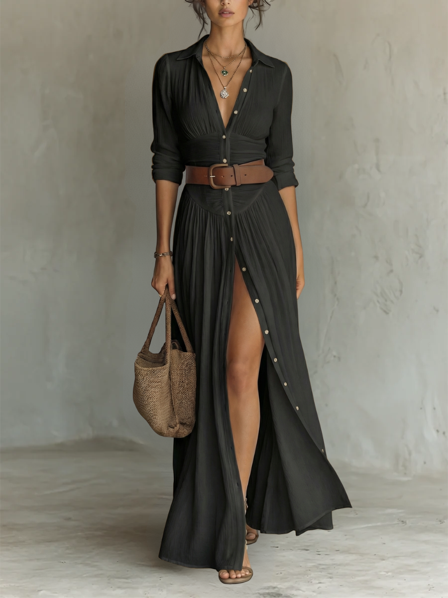 Vestido Maxi Largo con Cuello de Solapa y Mangas Largas en Lino para Mujer