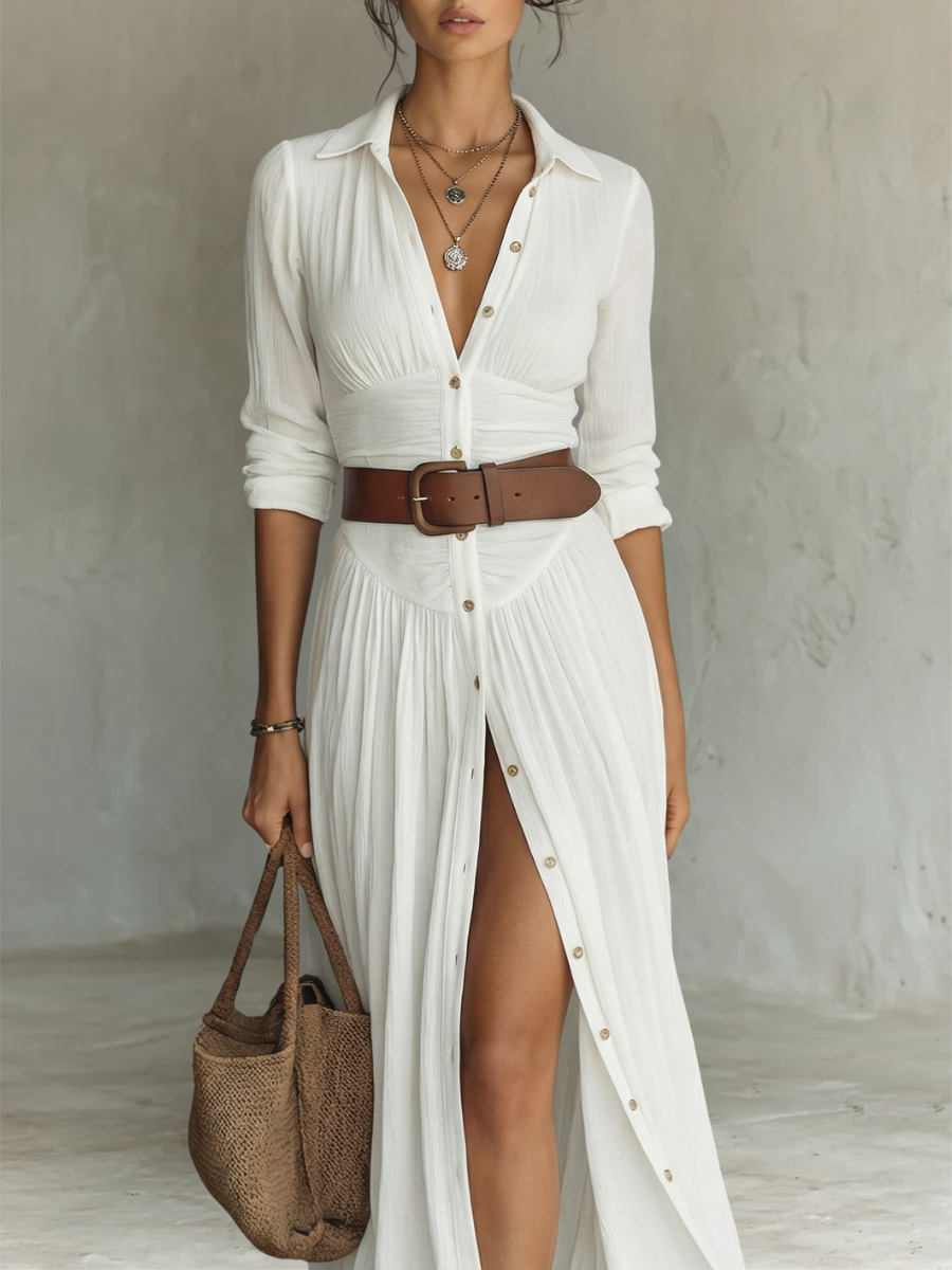 Vestido Maxi Largo con Cuello de Solapa y Mangas Largas en Lino para Mujer