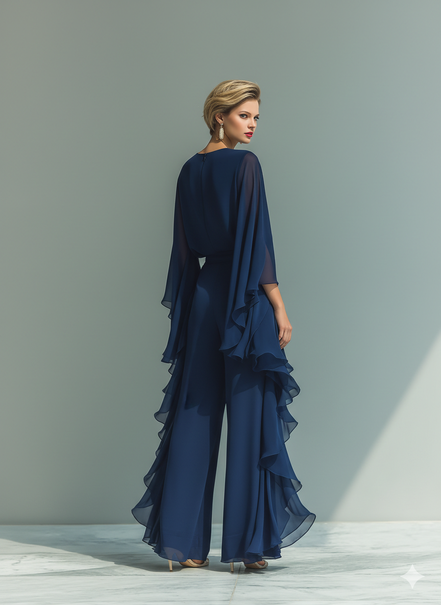 Conjunto de Top en Chiffon Azul Marino con Mangas Acampanadas y Pantalón Recto con Detalles de Volantes