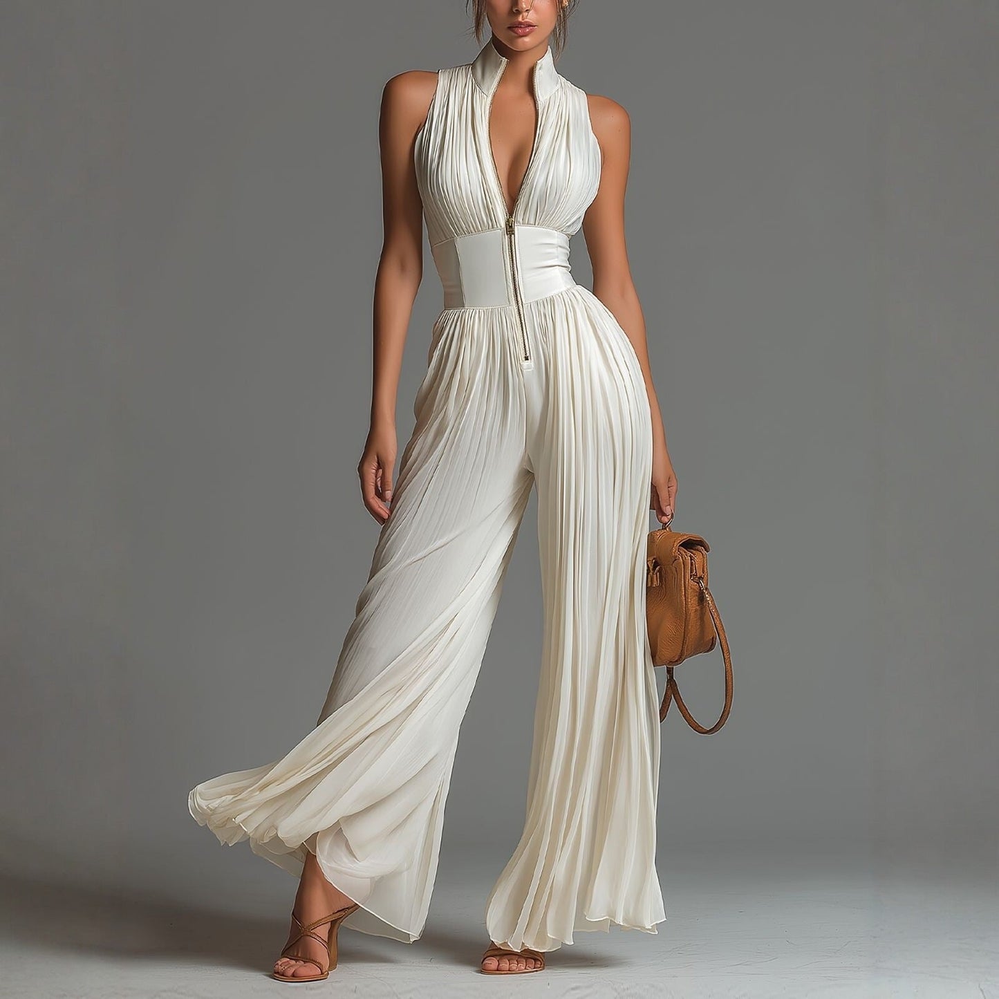 Mono de chiffon blanco sin mangas con escote en V, cremallera y pantalón de pierna ancha plisado