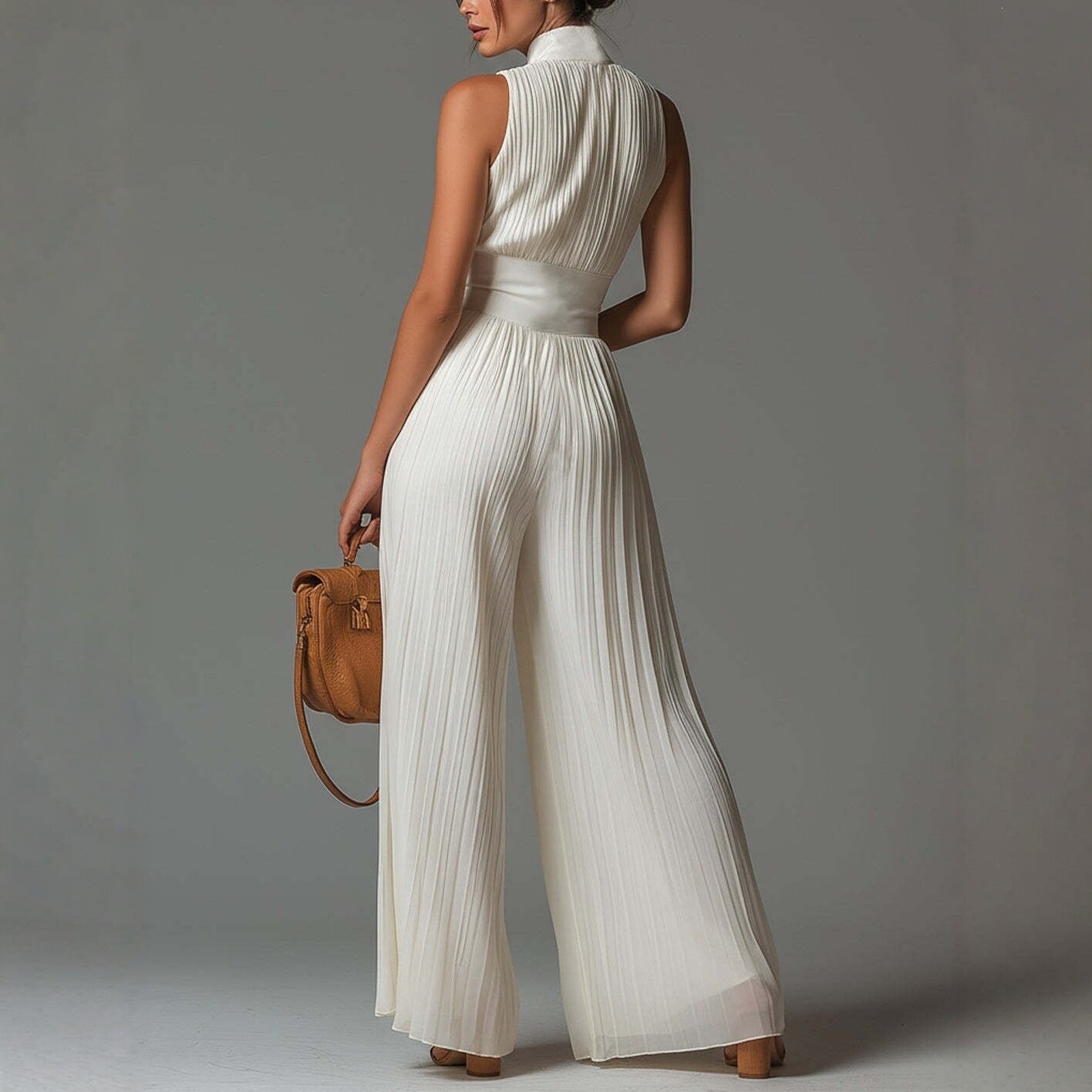 Mono de chiffon blanco sin mangas con escote en V, cremallera y pantalón de pierna ancha plisado