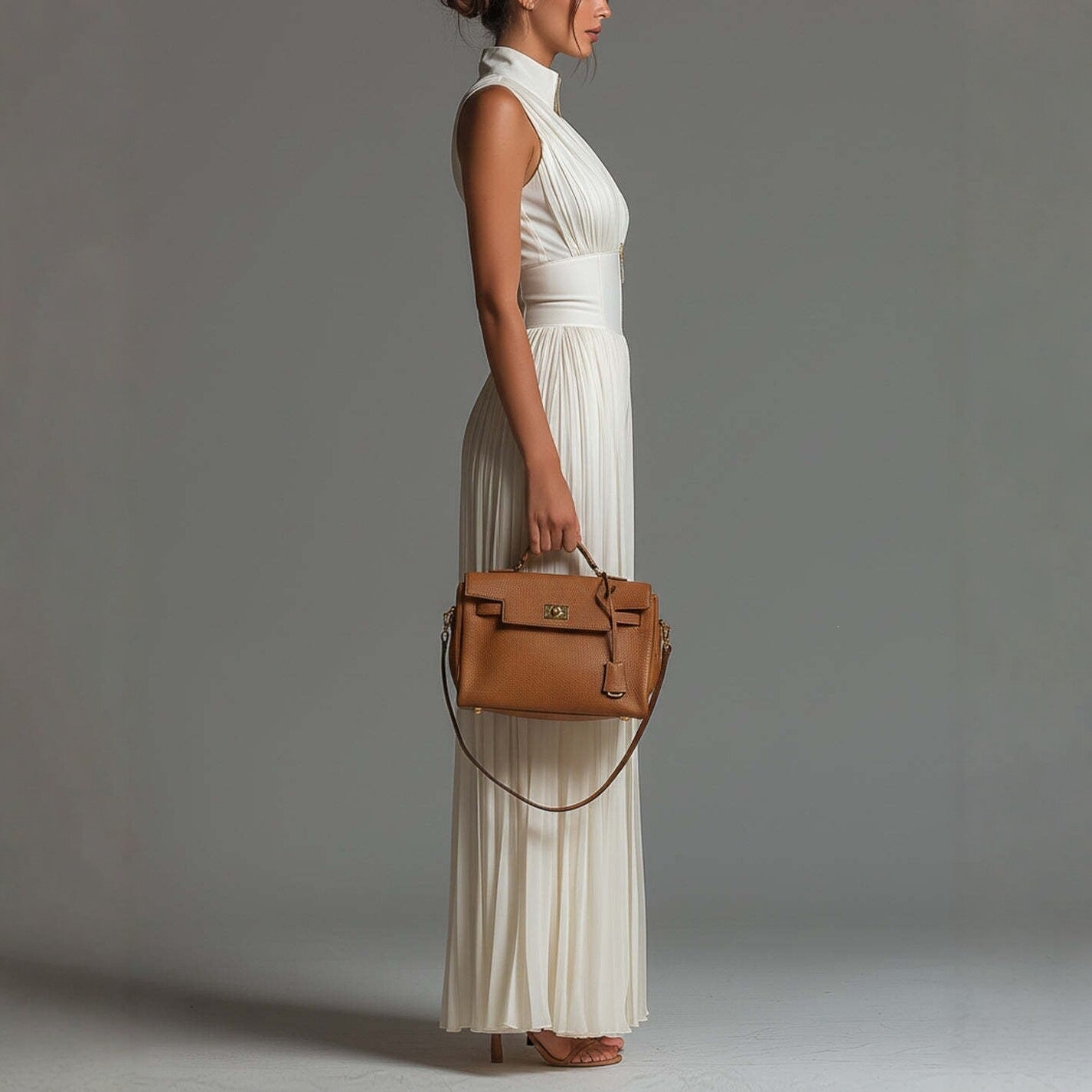 Mono de chiffon blanco sin mangas con escote en V, cremallera y pantalón de pierna ancha plisado