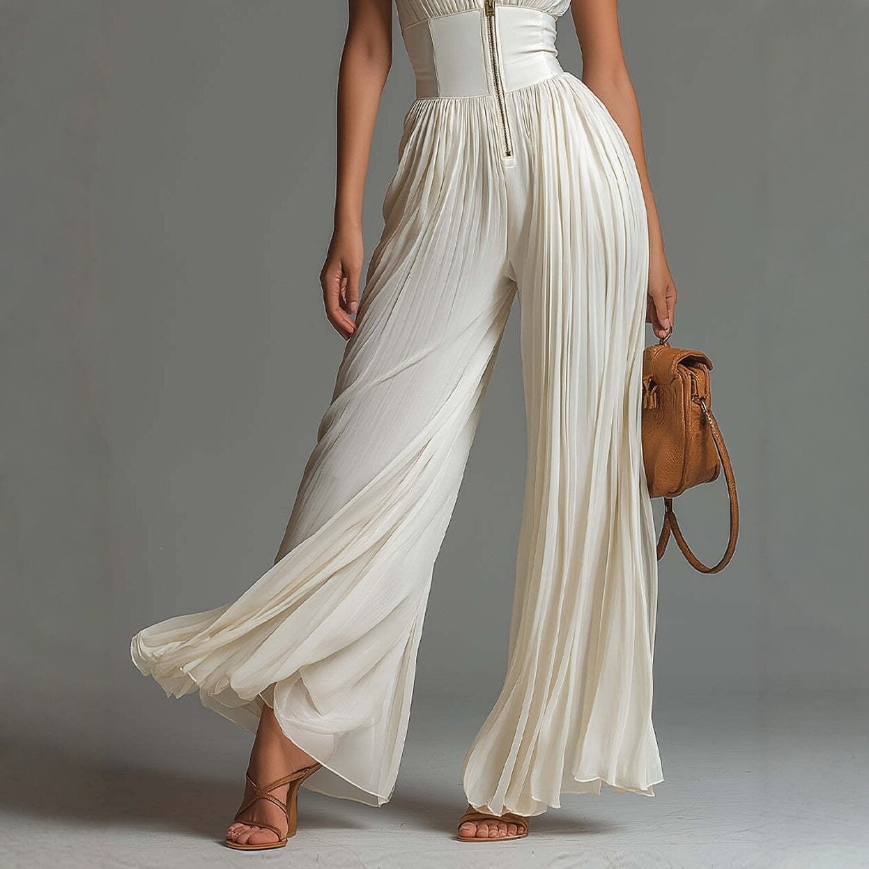 Mono de chiffon blanco sin mangas con escote en V, cremallera y pantalón de pierna ancha plisado