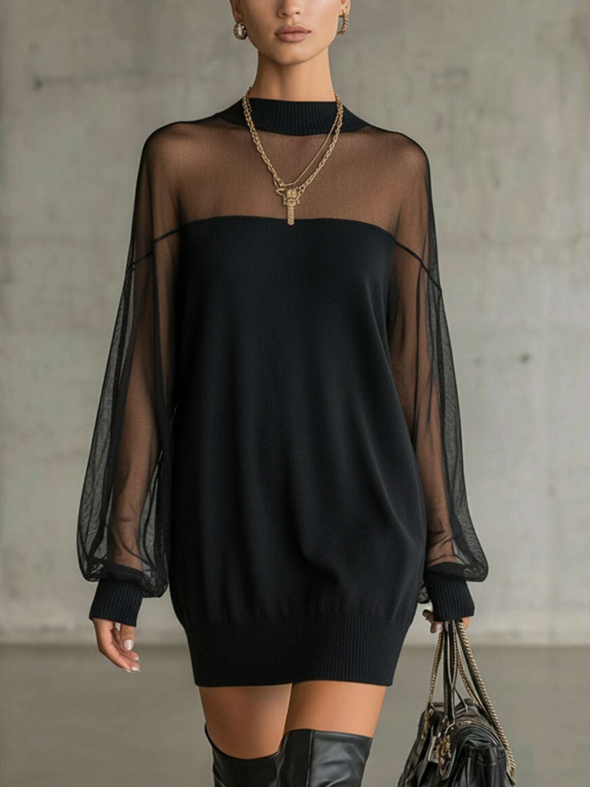 Amélie™ | Elegante Minivestido Negro con Mangas de Red