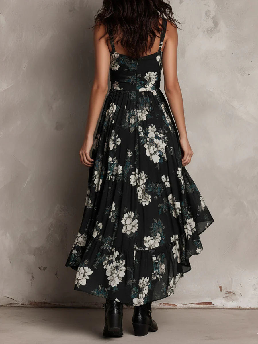 Vestido largo negro sin tirantes estilo boho con estampado floral y corte asimétrico