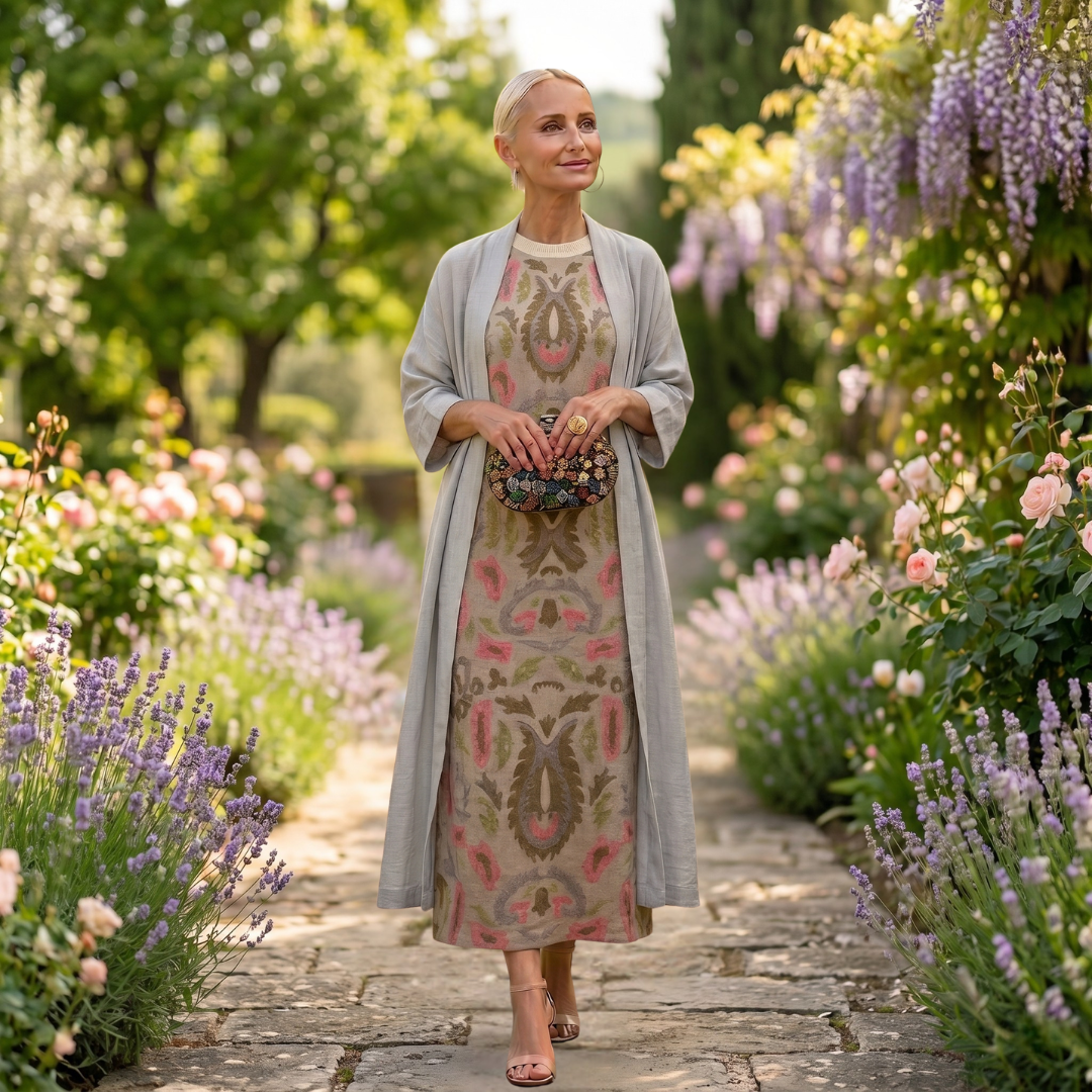 Aura | Vestido largo estampado con chaleco coordinado