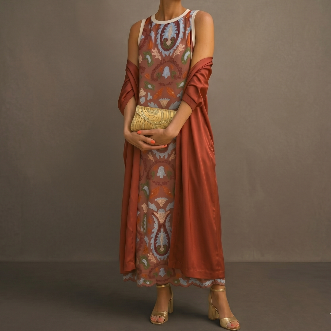 Aura | Vestido largo estampado con chaleco coordinado