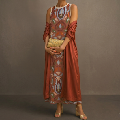 Aura | Vestido largo estampado con chaleco coordinado