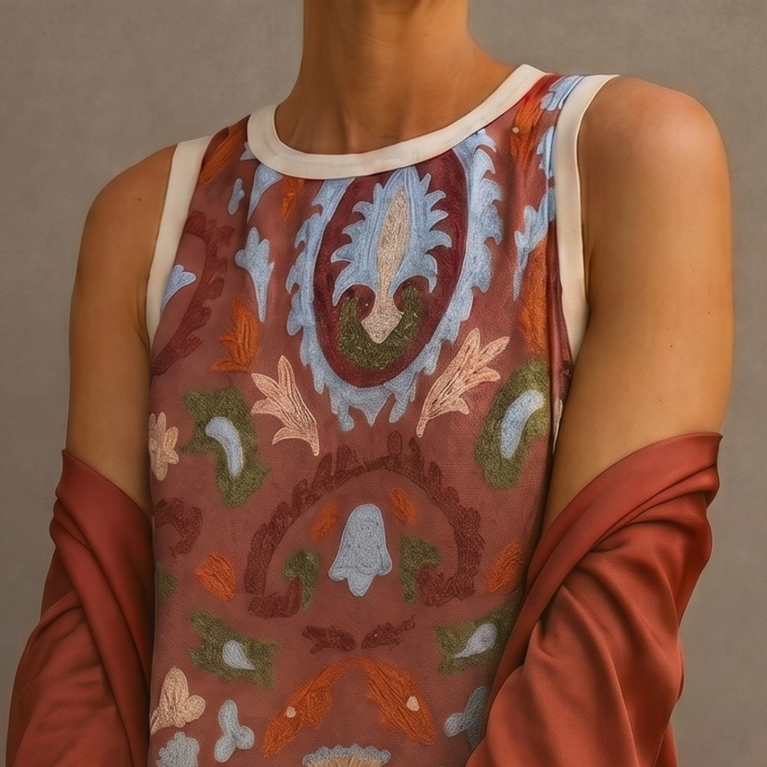 Aura | Vestido largo estampado con chaleco coordinado
