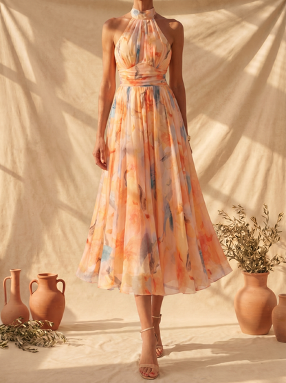 Aurora | Vestido con Cuello Halter y Estampado Acuarela