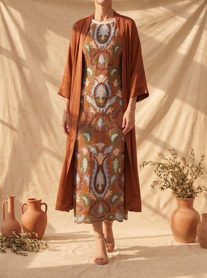 Aura | Vestido largo estampado con chaleco coordinado