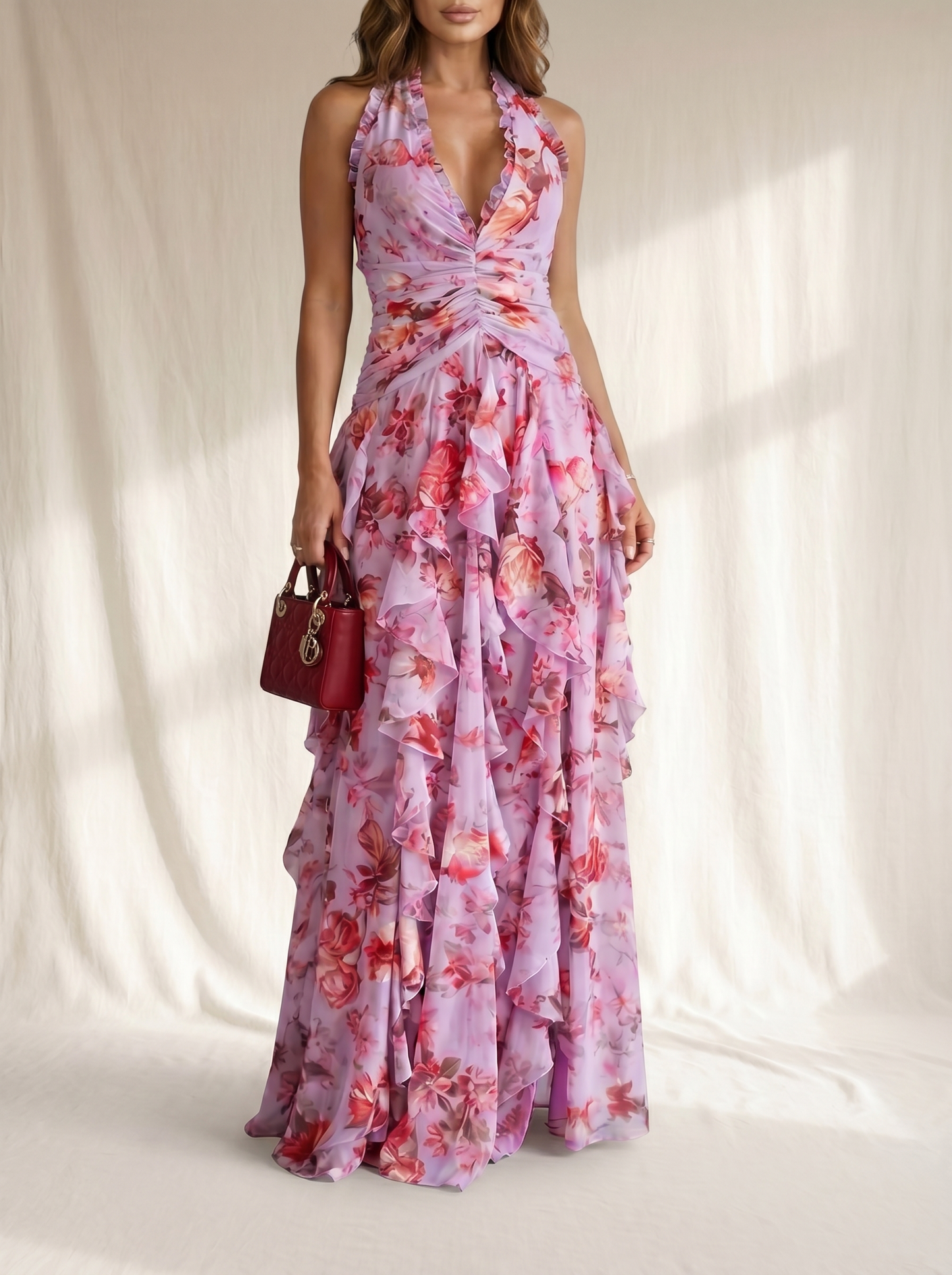 Belladina | Romántica Cascada de Rosas Vestido Largo con Escote Halter