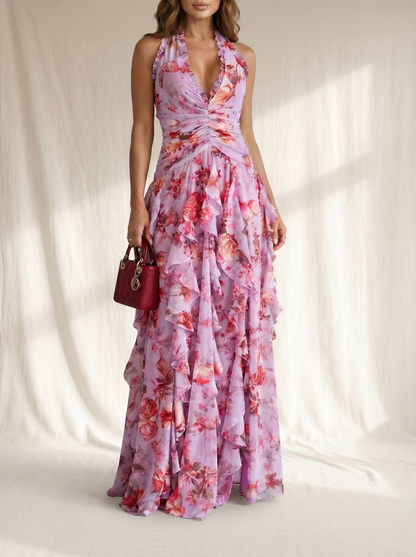 Belladina | Romántica Cascada de Rosas Vestido Largo con Escote Halter