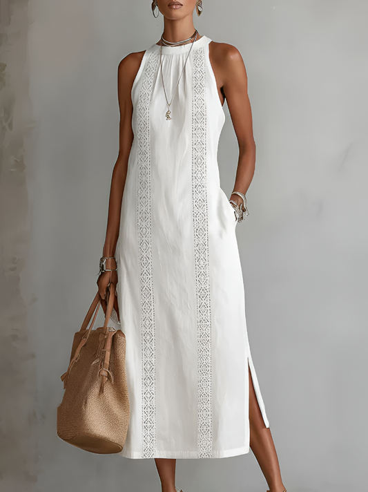 Jimena | Vestido midi de lino con cuello Mao